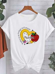 1 pieza de camiseta casual de manga corta para mujer - Diseño gráfico de manzana y lápiz para maestras con el eslogan "Maestra" en español, tela 100% algodón transpirable, cuello redondo holgado, lavable a máquina, estilo para el Día del Maestro, estampado divertido con letras, comodidad para todas las estaciones, camisetas para maestras, camiseta de corte relajado, camiseta con diseño divertido, camiseta de ajuste cómodo, 180g Algodón 100%. - Blanco - Ver 7