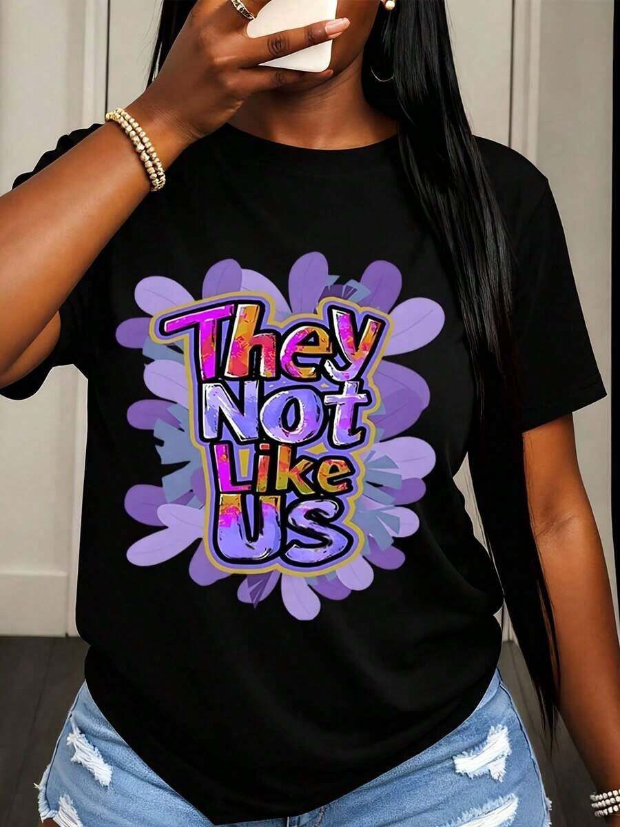 Camiseta de manga corta para mujer con estampado floral colorido, estilo casual, ropa de calle, top de moda, conjunto de verano, camiseta gráfica. - Negro - Ver 1