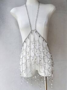 DEKUNER Vestido con cadena corporal decorada con cristales de estilo Y2K, vestido de tiras de espagueti de malla de cristal de lágrima hecho a mano, atuendo exagerado para fiesta de discoteca - Plateado - Ver 3