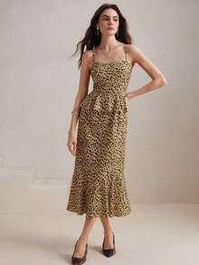 xheAnewsta Vestido corto entallado con estampado de leopardo y volantes en el bajo, para vacaciones, primavera/veranoxhe - Multicolor - Ver 4
