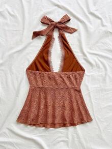 Camiseta sin mangas casual de mujer con parches de encaje y detalle de nudo en la espalda - Café integral - Ver 2