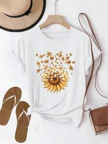 Estampado de girasoles - con diseño de lazo - cuello redondo casual, mangas cortas, camiseta de moda primavera/verano - Blanco - Ver 1