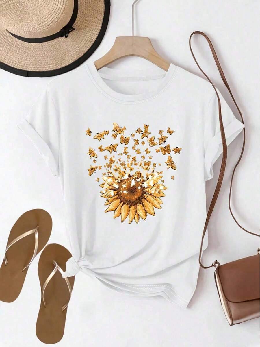 Estampado de girasoles - con diseño de lazo - cuello redondo casual, mangas cortas, camiseta de moda primavera/verano - Blanco - Ver 1