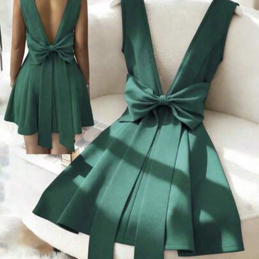 guangzhougaolangshangmao Nuevo vestido elegante y sexy con escote en V, espalda descubierta y ajustado con lazo en la cintura, color burdeos, estilo europeo de lujo, adecuado para el Día de la Independencia y vacaciones - Verde Oscuro - Ver 1