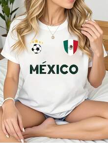 Plus Size - Plus Size - New Women's Summer Short Sleeve T-Shirt With Mexican Flag Emblem, Soccer, Five Stars And The Word 'Mexico', Designed For Casual And Stylish Wear - [白色的] - 查看 5