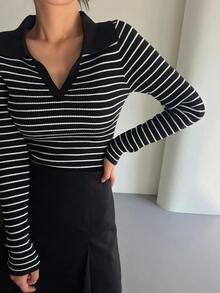 Suéter de punto acanalado con estampado de rayas, ropa de otoño - Blanco y Negro - Ver 8