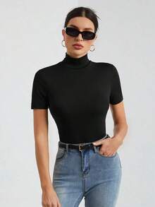 Tall Camiseta básica de unicolor negro de cuello alto con mangas cortas para mujer - Negro - Ver 8