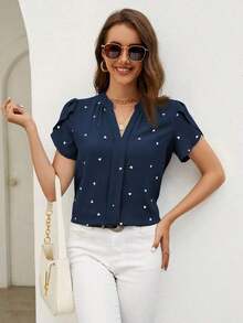 Blusa de mujer de escote en V con estampado de corazón y mangas con volantes para el verano y la playa - Azul - Ver 3