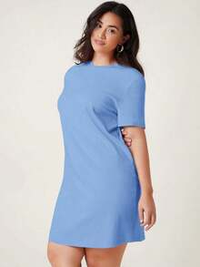 Vestido De Manga Corta De Talla Grande Con Cuello Redondo Y Diseño De Camiseta En Color Sólido - Azul - Ver 5