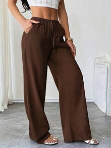 Pantalones anchos de mujer de unicolor versátiles y casuales - Marrón - Ver 5