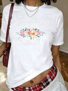 1 pieza Camiseta con estampado floral "My Favorite People Call Me Grammy" para cumpleaños, manga corta, cuello redondo, top casual para verano y primavera, ropa de mujer, 180g, 100% algodón. - Blanco - Ver 1