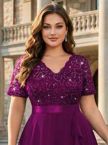 Plus Size Elegant Sequin Lace V-Neck Chiffon Ruffle Trim Evening Party Full Skirt, Wedding Guest Dress, Summer Dress, Suitable For Birthday, Graduation Ceremony, Dinner - Maroon - View 11