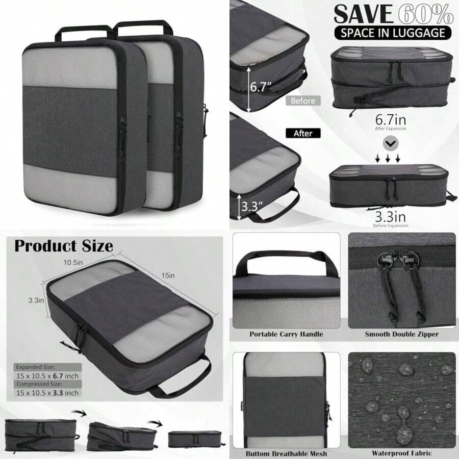 Cubos de embalaje de compresión para viajes bolsas de compresión expandibles cubos de viaje para empacar maletas organizadoras Viajes ropa deportes - Malla negraL - Ver 1
