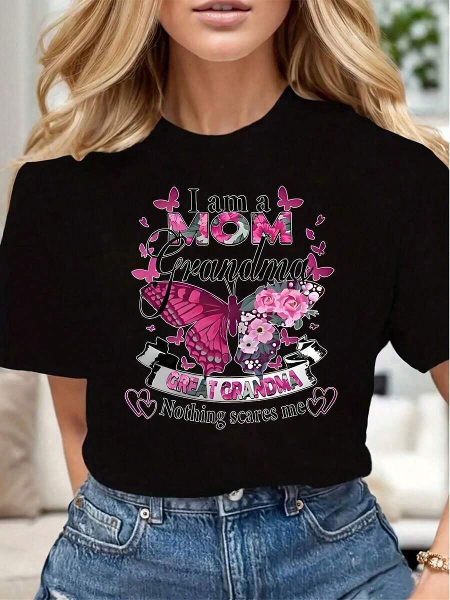Camiseta Casual para Mujer con Estampado de Mariposas y Flores, "Soy Mamá, Abuela, Exabuela, Nada Me Asusta", Regalo Suave y Cómodo para el Día de la Madre o Cumpleaños, Transpirable y Cómoda - Negro - Ver 1