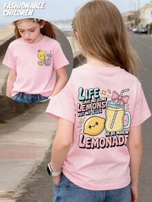"Life Gave Me Some Lemons, But My Jesus Is Making Lemonade" Double-Sided Printed T-Shirt, Machine Washable, 100% Cotton, For Boys And Girls, Teen Clothing, Perfect Summer Gift, Casual Style For Outdoor Sports, Comfortable And Breathable, Skin Friendly, Fashionable And Versatile, Short-Sleeved Crew Neck T-Shirt That Kids Can Wear On Their Own. - 粉色 - 查看 8