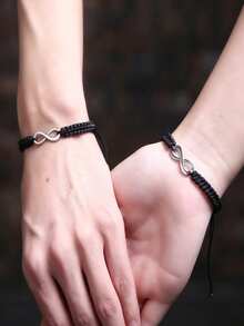 Bộ 2 chiếc vòng tay bện thủ công hình số 8 may mắn, có thể điều chỉnh kích thước, thích hợp cho các cặp đôi và bạn thân. - màu đen - Xem 1