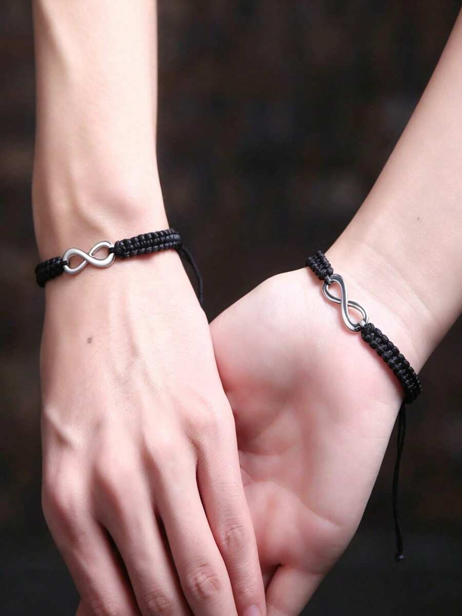 Bộ 2 chiếc vòng tay bện thủ công hình số 8 may mắn, có thể điều chỉnh kích thước, thích hợp cho các cặp đôi và bạn thân. - màu đen - Xem 1