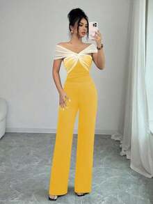 Conjunto de 2 piezas con top de hombros descubiertos con parches de malla y pantalones rectos para mujer - Amarillo - Ver 4