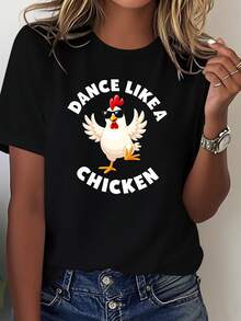 Women's Funny Rooster Dance T-Shirt - Vintage Rooster Design, Soft Cotton Top, Machine Washable, Casual Party Outfit, Suitable For Dance Classes And Daily Wear - Creative Birthday Gift For Women, Funny Slogan T-Shirt For Weekends, Breathable Fabric, Short Sleeve T-Shirt For Women. - 黑色 - 查看 7