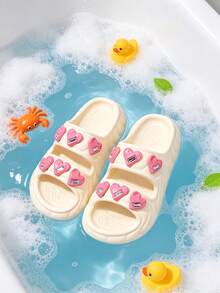 Girls' EVA Thick Sole Beige Sandals, Comfortable Lightweight Heart Rhinestone Home Slippers For Summer - Beige - View 2