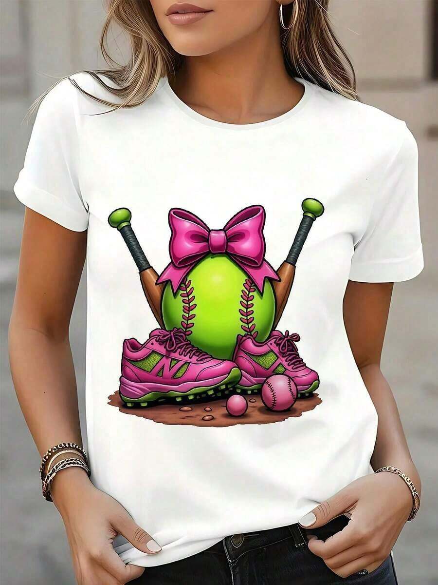 Women's Summer Printed T-Shirt Fashion260102198 | Round Neck, Short Sleeve, Casual, Geometric Pattern, Y2K Style, Suitable For Spring, Summer And Autumn - Fashionable Women's Clothing, Everyday Wear, A4 Women's T-Shirt, Summer T-Shirt, Fashion - 白色 - 查看 1