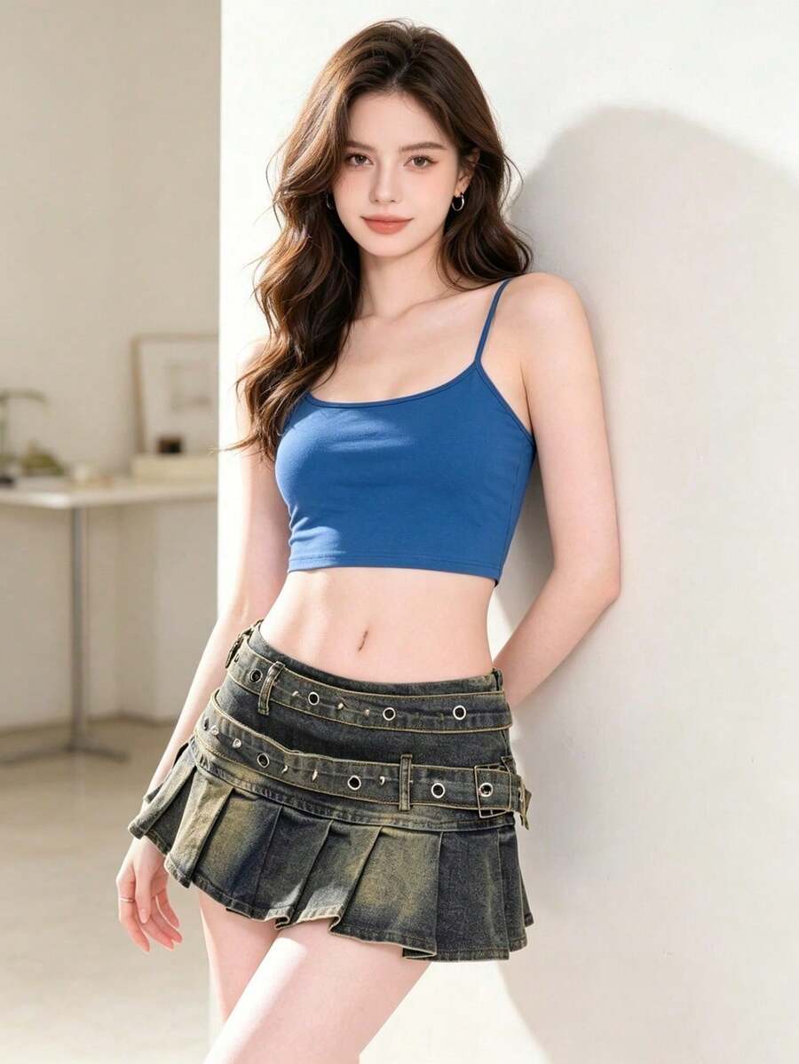 Women's Denim Pleated Rivet Belt Y2K Skirt, Low Waist High Street Falda Short Mujer, Vintage Slimming A-Line Faldas Cortas, Mini Skirt, Suitable For Beach Holiday, Resort Night Wear, Bar Party, Slim Shaping, Hot Casual, Vacation Daily - 藍色 - 查看 1