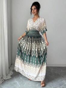 Lacomfia Vestido de mujer de estilo vacacional con estampado geométrico elegante, mangas de murciélago fruncidas y cintura ceñida - Amarillo - Ver 11