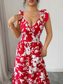 Vestido largo con estampado floral elegante y lazo en la cintura, para uso casual de vacaciones y citas, primavera/verano 2026 - Rojo y blanco - Ver 7