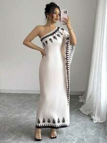 Vestido largo con estampado floral y cuello asimétrico elegante para mujeres - Albaricoque - Ver 6