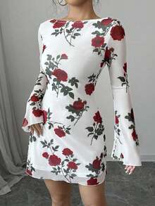 Vestido corto ajustado con malla, mangas acampanadas y espalda descubierta con estampado floral para mujeres - Multicolor - Ver 5
