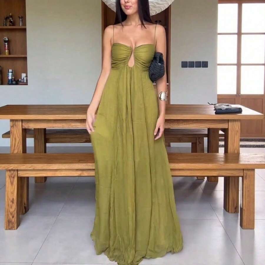 Vestido largo amplio de verano nuevo para mujer, tirantes sensuales con diseño en U, estilo vacacional - Verde militar - Ver 1