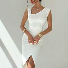YijiaNvz  Vestidos midi para mujer, modestos, ropa de mujer para otoño, casual de negocios, estilo old money, atuendos de campo, blusas para salir, atuendo de viaje para el aeropuerto, de vuelta a la escuela, vestidos blancos, vestido asimétrico de unicolor con cuello plisado sin mangas y cintura esbelta de longitud media, vestido maxi blanco, atuendo de invitada de boda, cita de San Valentín, vacaciones, uso diario - Blanco - Ver 3