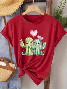 Camiseta de manga corta para mujer, estilo elegante, con estampado de corazón y cactus, cuello redondo, ideal para primavera, verano, otoño, moda, viajes diarios, versátil, casual, elegante, estilo retro, disponible en tallas S-XXL - [Rojo] - Ver 6