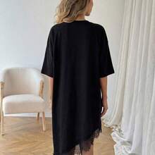guang zhou mi qian shang mao  LUNE Vestido de mujer de longitud media, de manga corta, con bajo asimétrico, de estilo básico de moda, para uso diario, de vacaciones o para ir al trabajo, de unicolor con aplicaciones de encaje - Blanco y Negro - Ver 3