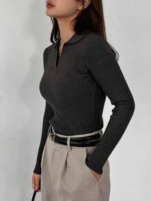 Suéter de punto acanalado con estampado de rayas, ropa de otoño - Gris - Ver 6