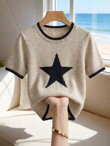 Nueva llegada Primavera/Verano Estilo coreano Casual Suelta Personalizada Blusa de punto de mujer a rayas de color contrastante - Caqui 3 - Ver 4