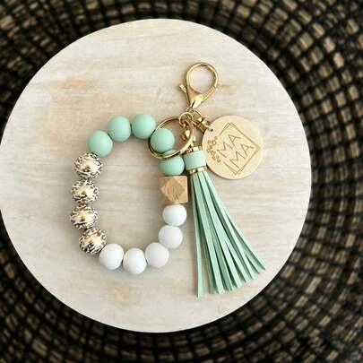 1pc Printed Wooden Bead Bracelet Wristlet Keychain, MAMA Creative Beaded Tassel Keyring, Bag Charm Accessory, Women Keychain Gift For Friends & Family