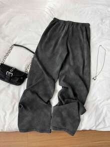 Pantalones de chándal de pierna recta y cintura baja para mujer, apropiados para el verano, con efecto lavado - Negro 4 - Ver 2