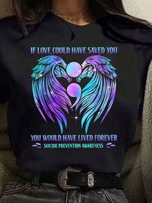 Camiseta de Mujer con Estampado de Alas y Corazón para la Prevención del Suicidio, Manga Corta, Cuello Redondo, Estilo Casual de Verano, Camiseta de Algodón - Negro - Ver 1