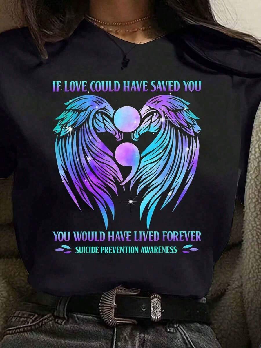 Camiseta de Mujer con Estampado de Alas y Corazón para la Prevención del Suicidio, Manga Corta, Cuello Redondo, Estilo Casual de Verano, Camiseta de Algodón - Negro - Ver 1