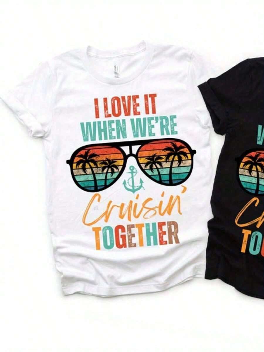 Valentine's Day Cruise T-Shirt For Him And Her - 'I Love When We Cruise Together' PNG, Casual Cotton T-Shirt With  Glasses And Palm Tree Design, Perfect For Couples, Anniversary Gift, Retro Cruise, Casual Beachwear. | Retro Cruise Shirt | Soft Textured T-Shirt Adorned With An Eye-Catching Portrait Print. This Urban-Style T-Shirt Is Suitable For All Seasons And Exudes A Casual Style. Comfortable Crew Neck T-Shirt, Pure Cotton, With  Letter Print, Unisex Design For Couples, Suitable For Festival Celebrations, Father's Day, Independence Day, Short Sleeve For Women, Breathable And Comfortable. - 白色 - 查看 1