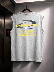 OVDY Áo tank top dáng rộng phong cách đường phố vintage in họa tiết kim loại, áo không tay dự lễ hội âm nhạc, phù hợp cho cả nam và nữ. - Xám - Xem 2
