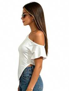 Womens Off One Shoulder Tops Solid Color Slim Fit Short Sleeve Asymmetrical Pointed Hem T-Shirt - White - View 3
