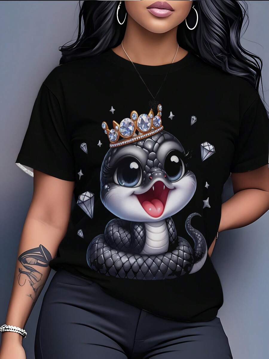 Camiseta de Verano Casual para Mujer Talla Grande con Diseño Divertido de Serpiente y Corona – , Suave y Transpirable, Ropa Otoñal con Estampado de Diamantes, Tejido Sin Transparentar - Negro - Ver 1