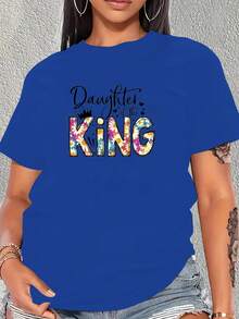 Camiseta de manga corta para mujer, disponible en cinco colores. Camiseta "Hija del Rey Faith" para mujer, nueva camiseta de verano con estampado floral artístico, camiseta inspiradora con corona de reina, cuello redondo y manga corta, 100% algodón. - Azul - Ver 4