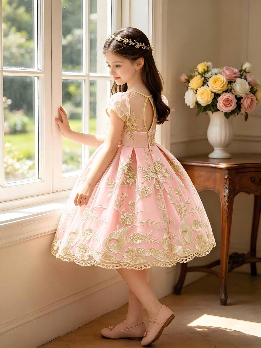 Young Girls Embroidered Mesh Elegant Flower Girl Princess Dress Suitable For Attending Parties, Fabric Floral Pattern Randomly Cut, Headband Not Included - Pink - View 1