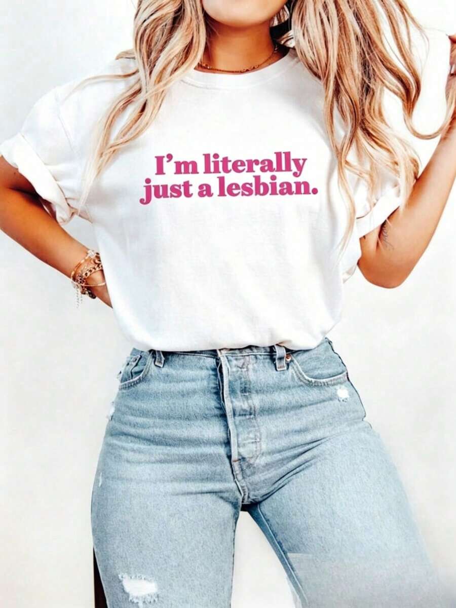 Camiseta Retro Confortable Orgullo Lésbico, Camiseta 'Literalmente Soy Solo Una Lésbica', Regalo por los Derechos Lésbicos, Camiseta de Justicia Social, Camiseta de Apoyo LGBTQ, Camiseta de Algodón Grueso de Manga Corta, Estampada con Gráficos, Casual para Mujer - Blanco - Ver 1