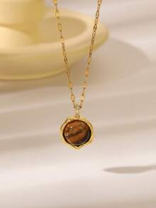 1 pieza Collar con colgante de ojo de tigre de piedra vintage elegante, diseño de corazón, redondo, ovalado, joyería de cadena de clavícula para mujer, accesorio de moda para uso diario y fiesta, mejor regalo para amiga - Dorado - Ver 3
