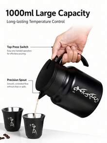 Bộ cà phê 3 món bằng thép không gỉ, bao gồm 1 bình cà phê cách nhiệt chân không 1000ml và 2 cốc hai lớp. Được làm từ thép không gỉ chất lượng cao với khả năng chịu nhiệt và lạnh tuyệt vời, thể hiện nét quyến rũ phong cách truyền thống. Phù hợp cho gia đình, văn phòng hoặc tiếp khách, mang lại trải nghiệm cà phê tuyệt vời và là lựa chọn quà tặng lý tưởng. - màu đen - Xem 6
