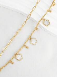 Vintage Chic Versatile Casual Creative Multi-Layer Hong Kong Style Geometric Five-Leaf Flower Tassel Anklet - White - View 3